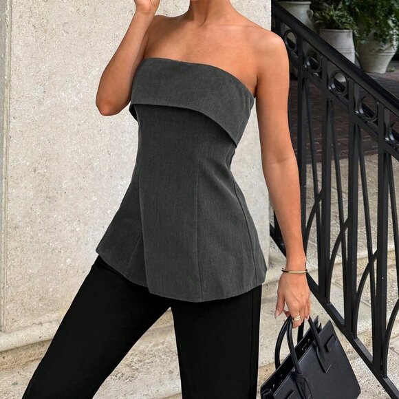 Grey Casual Women's Sleeveless Bandeau Side Slit Hem Blouse - Picture 5 of 6